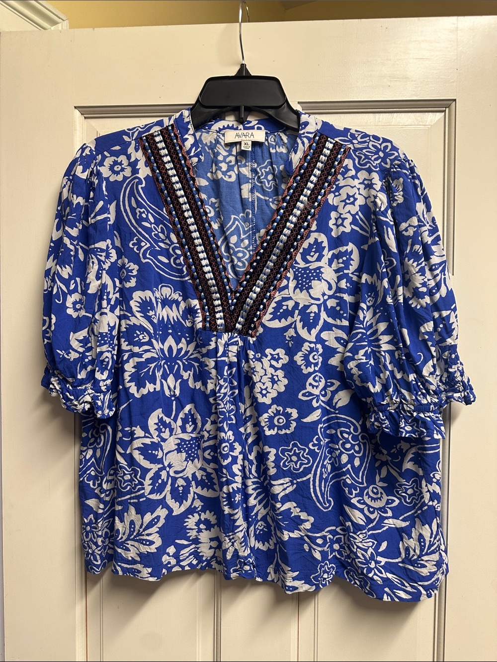 AVA & AID Blue Floral V-Neck Embroidered Puff Sleeve Blouse